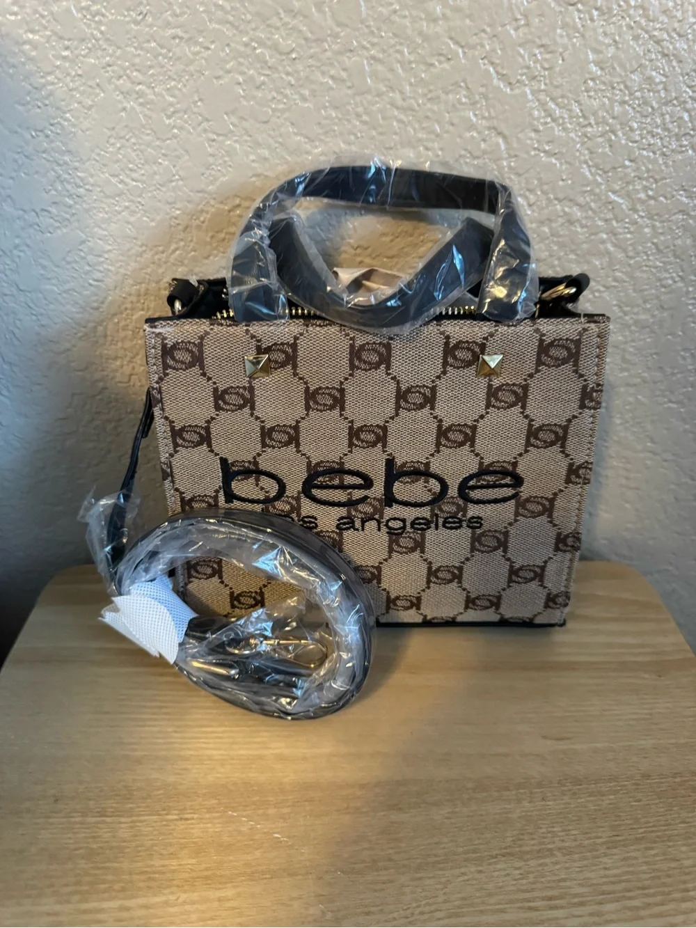 Bebe Monogram Brown and Black Talulla Satchel Tote with Crossbody Strap